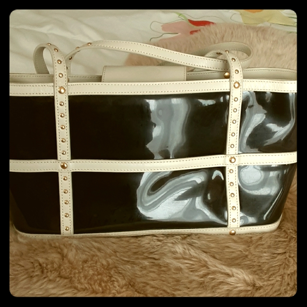Black with Ivory Studded Trim  Tote Bag
